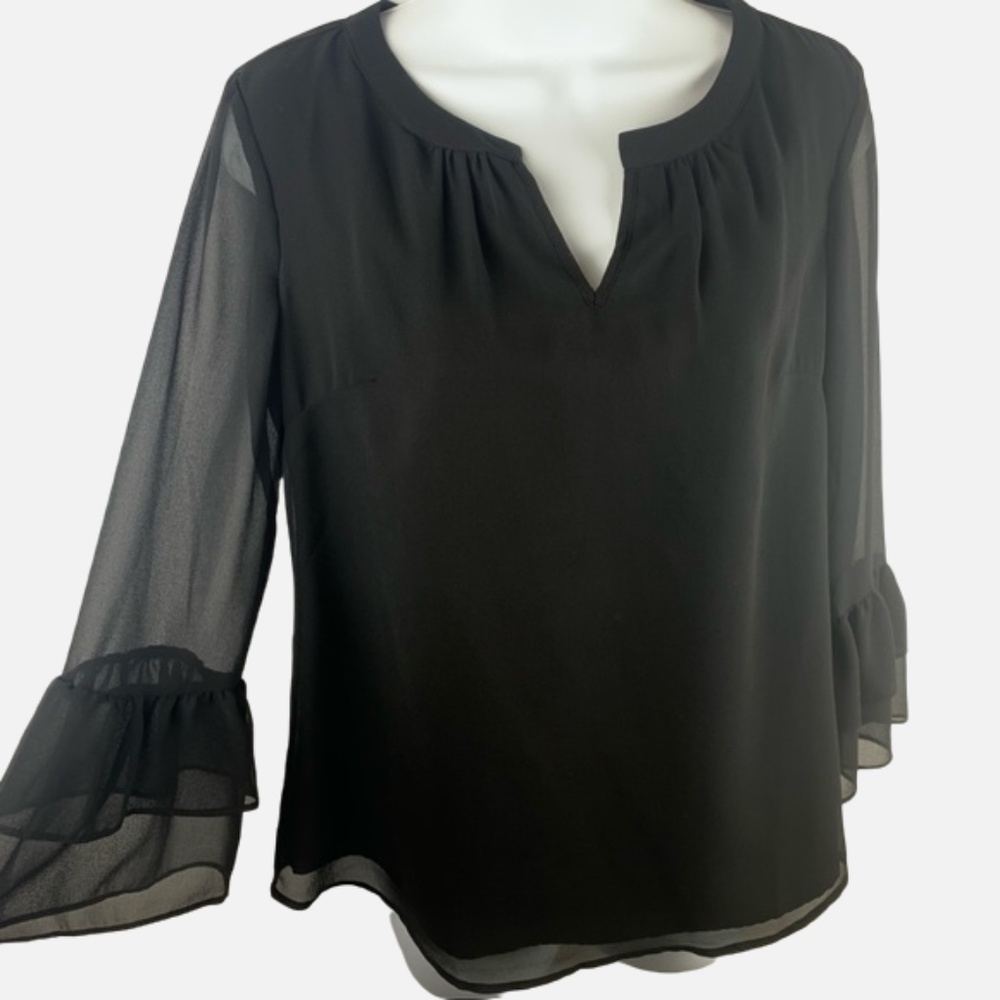 Talbots Black Sheer Ruffle Sleeve Blouse